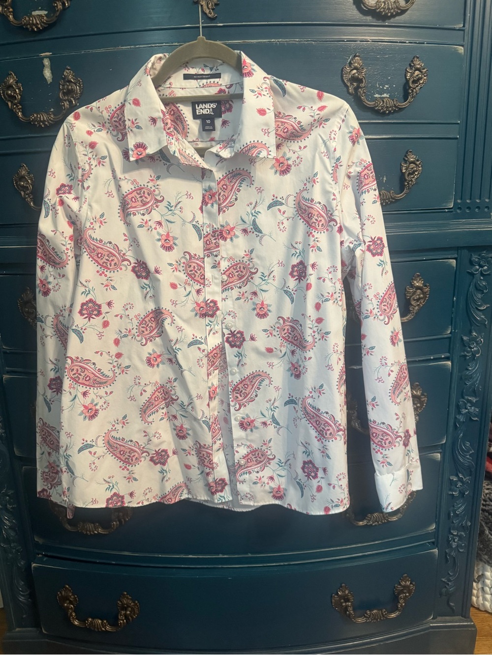 Lands' End White Button-Down Shirt with Pink and Teal Paisley